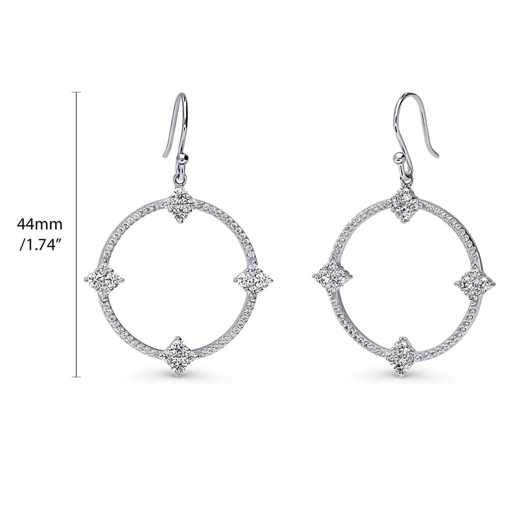 Open Circle Flower CZ Fish Hook Dangle Earrings in Sterling Silver