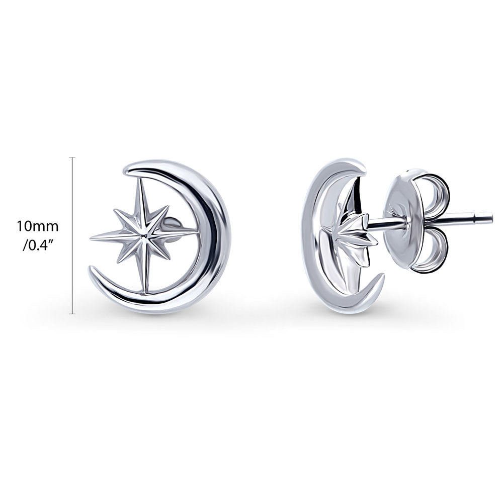 Crescent Moon North Star Stud Earrings in Sterling Silver