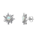 Sun Sunburst Simulated Opal CZ Stud Earrings in Sterling Silver, Rhodium Plated