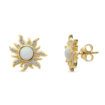 Halo Sun Simulated Opal Round CZ Set in Gold Flashed Sterling Silver