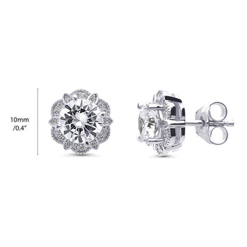 Flower Halo CZ Stud Earrings in Sterling Silver