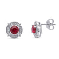 Flower Halo CZ Stud Earrings in Sterling Silver, Garnet Color