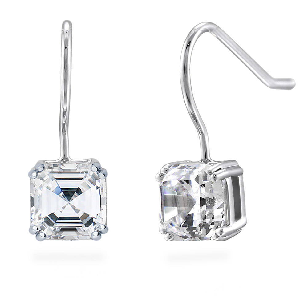 Solitaire 3.2ct Asscher CZ Fish Hook Dangle Earrings in Sterling Silver