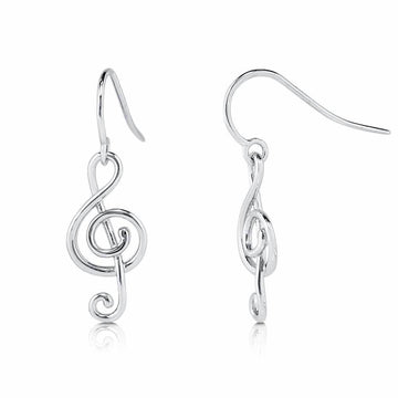 Treble Clef Music Note Fish Hook Dangle Earrings in Sterling Silver