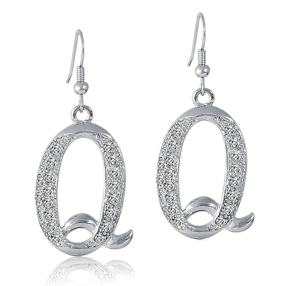 Initial Letter Fish Hook Dangle Earrings, Q