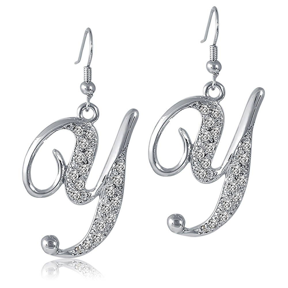 Initial Letter Fish Hook Dangle Earrings in Silver-Tone