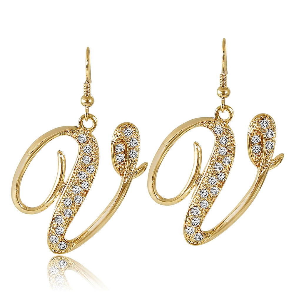 Initial Letter Fish Hook Earrings Gold-Tone, V