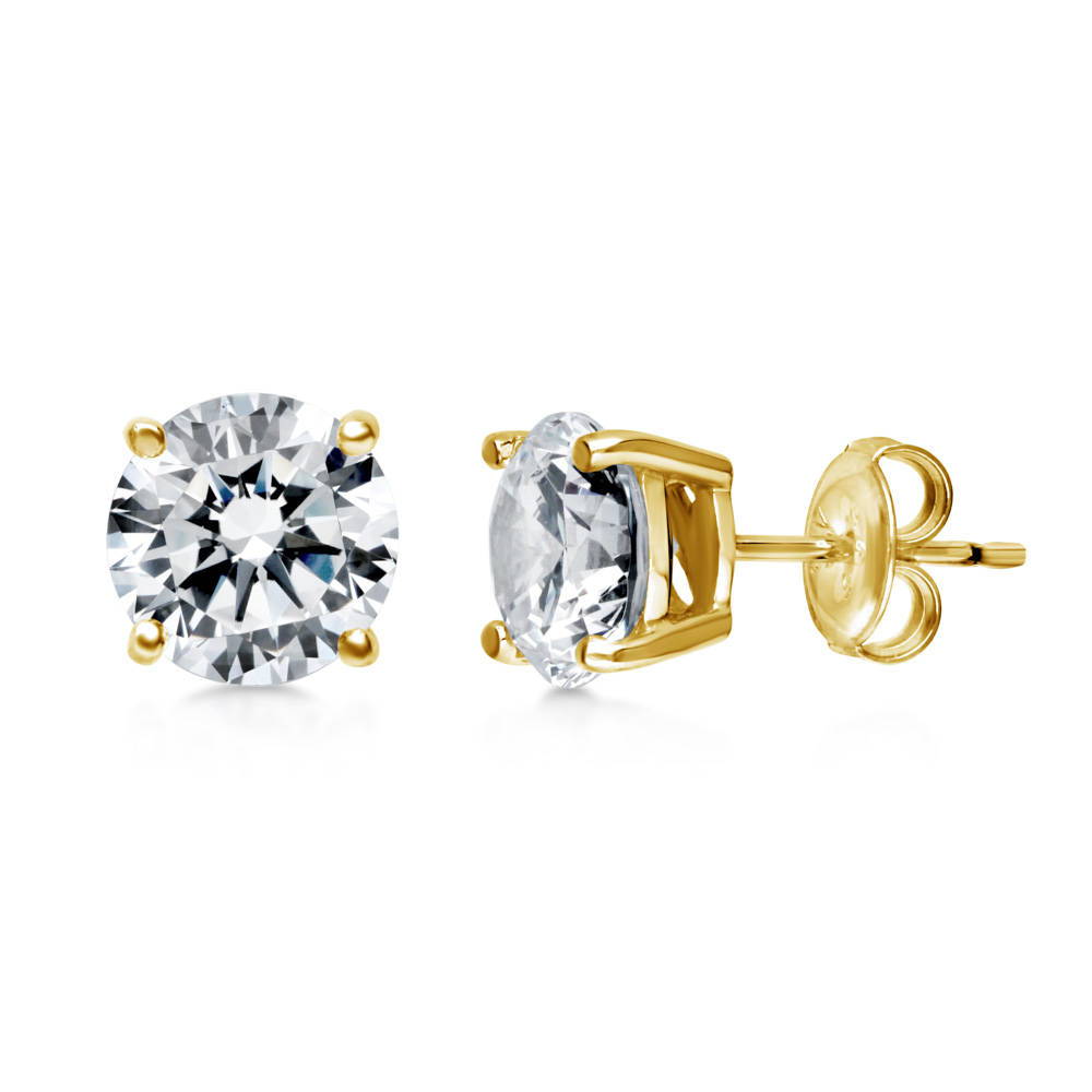 Solitaire CZ Stud Earrings in Gold Flashed Sterling Silver, 8mm