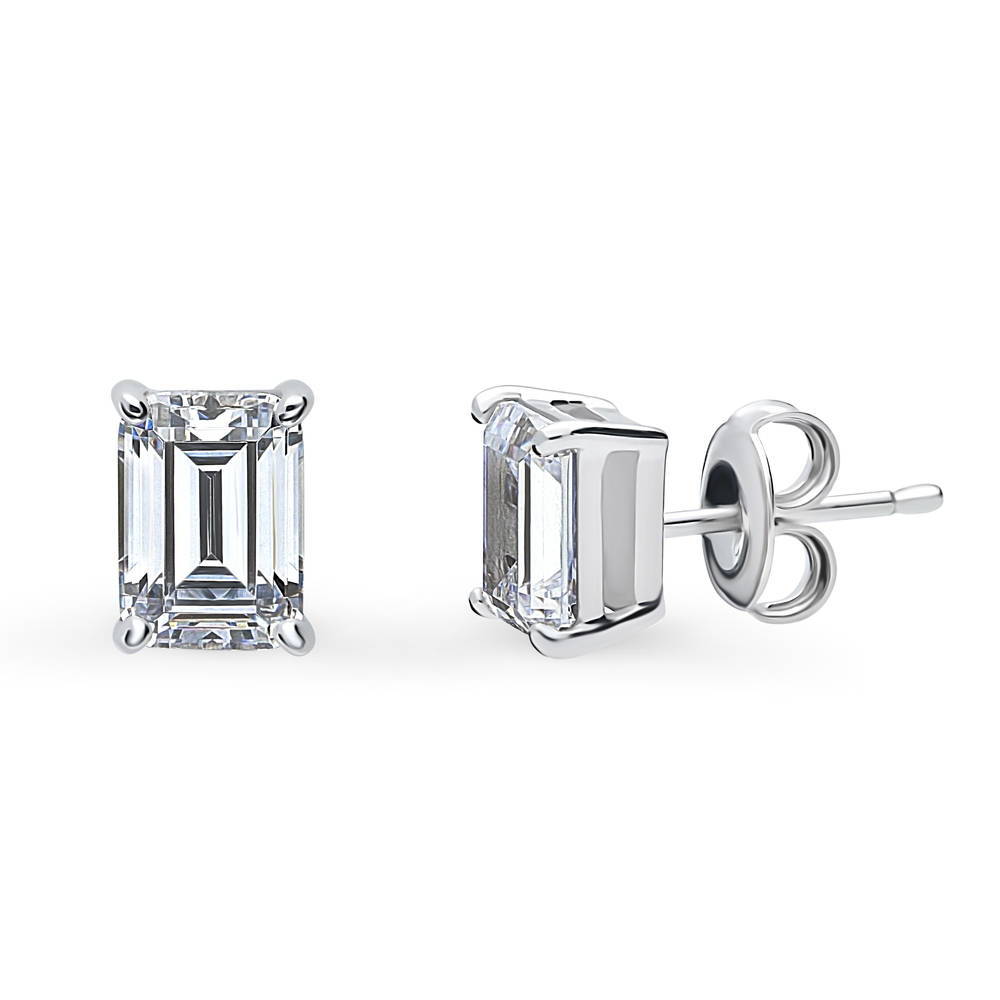 Solitaire Emerald Cut CZ Stud Earrings in Sterling Silver