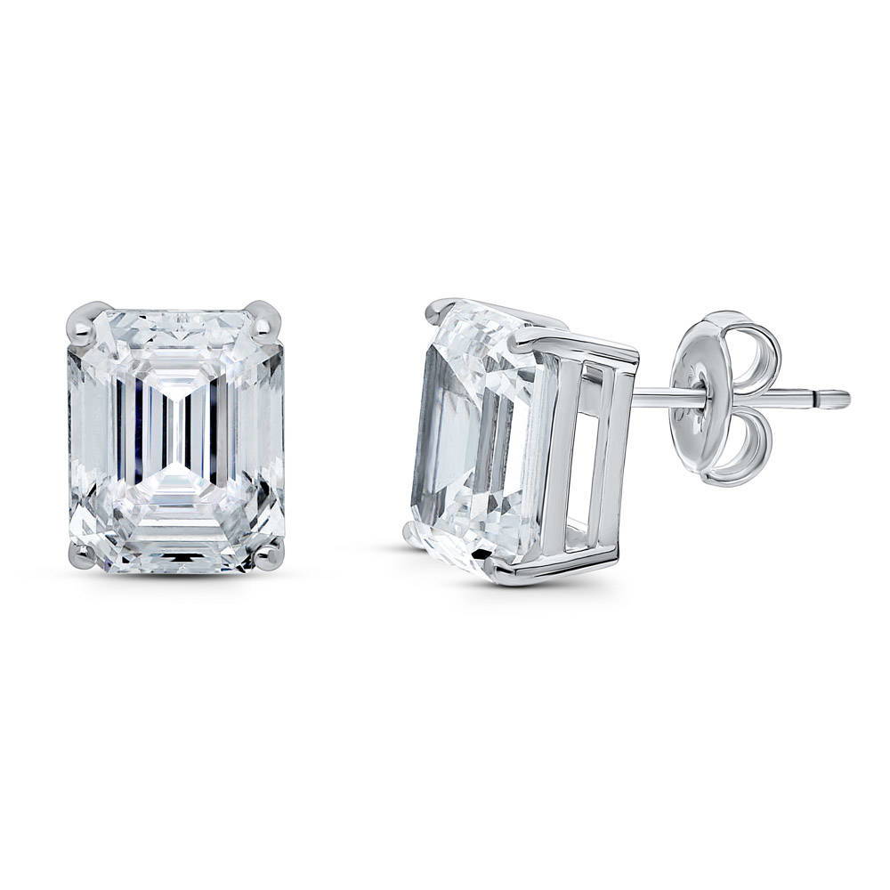 Solitaire Emerald Cut CZ Stud Earrings in Sterling Silver, 9mm x 7mm