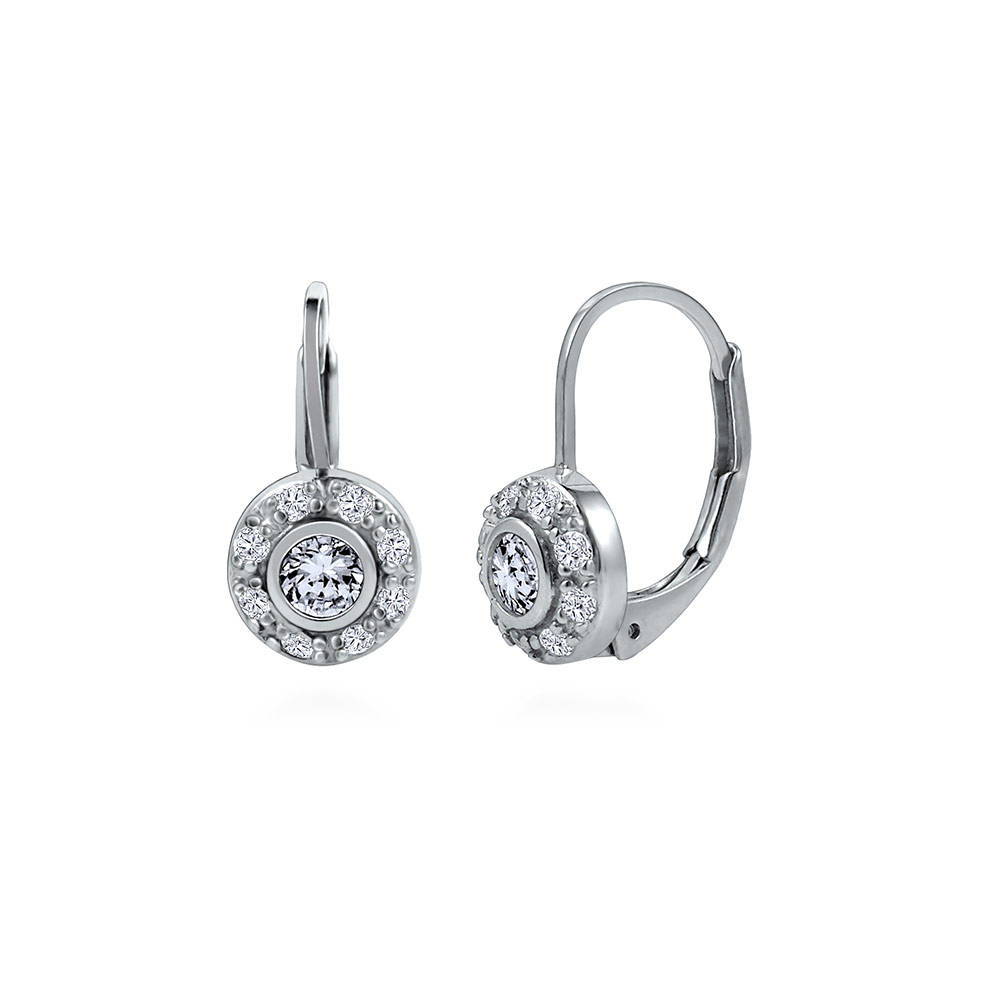 Halo Round CZ Leverback Dangle Earrings in Sterling Silver