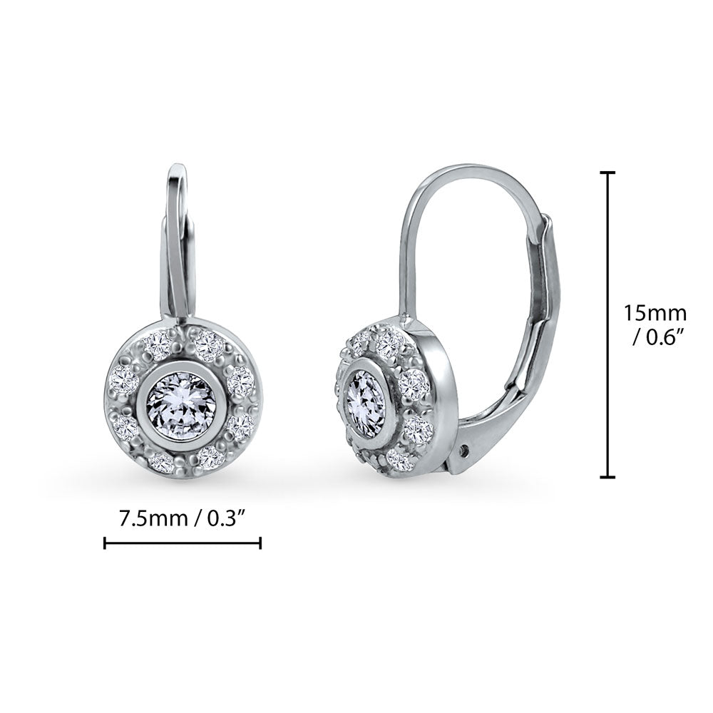 Halo Round CZ Leverback Dangle Earrings in Sterling Silver