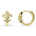 Front view of Fleur De Lis CZ Small Huggie Earrings in Sterling Silver 0.5 inch, Yellow Gold Flashed