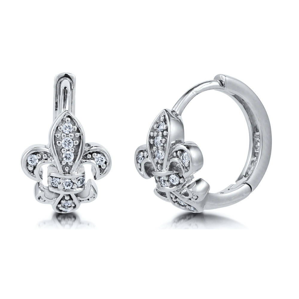 Fleur De Lis CZ Small Huggie Earrings in Sterling Silver 0.5"