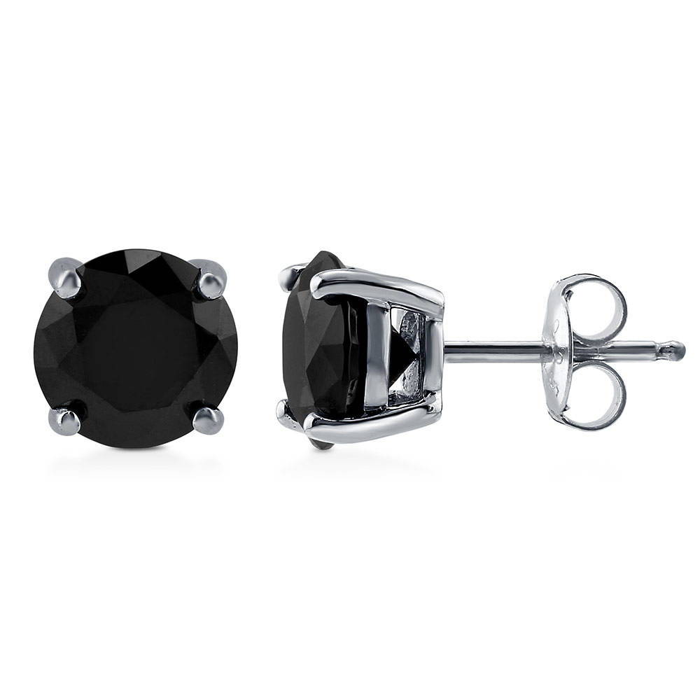 Solitaire Black Round CZ Stud Earrings in Sterling Silver 2.5ct