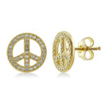 Peace Sign CZ Stud Earrings in Sterling Silver, Yellow Gold Flashed