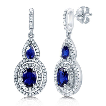 Halo Simulated Blue Sapphire Oval CZ Dangle Earrings in Sterling Silver