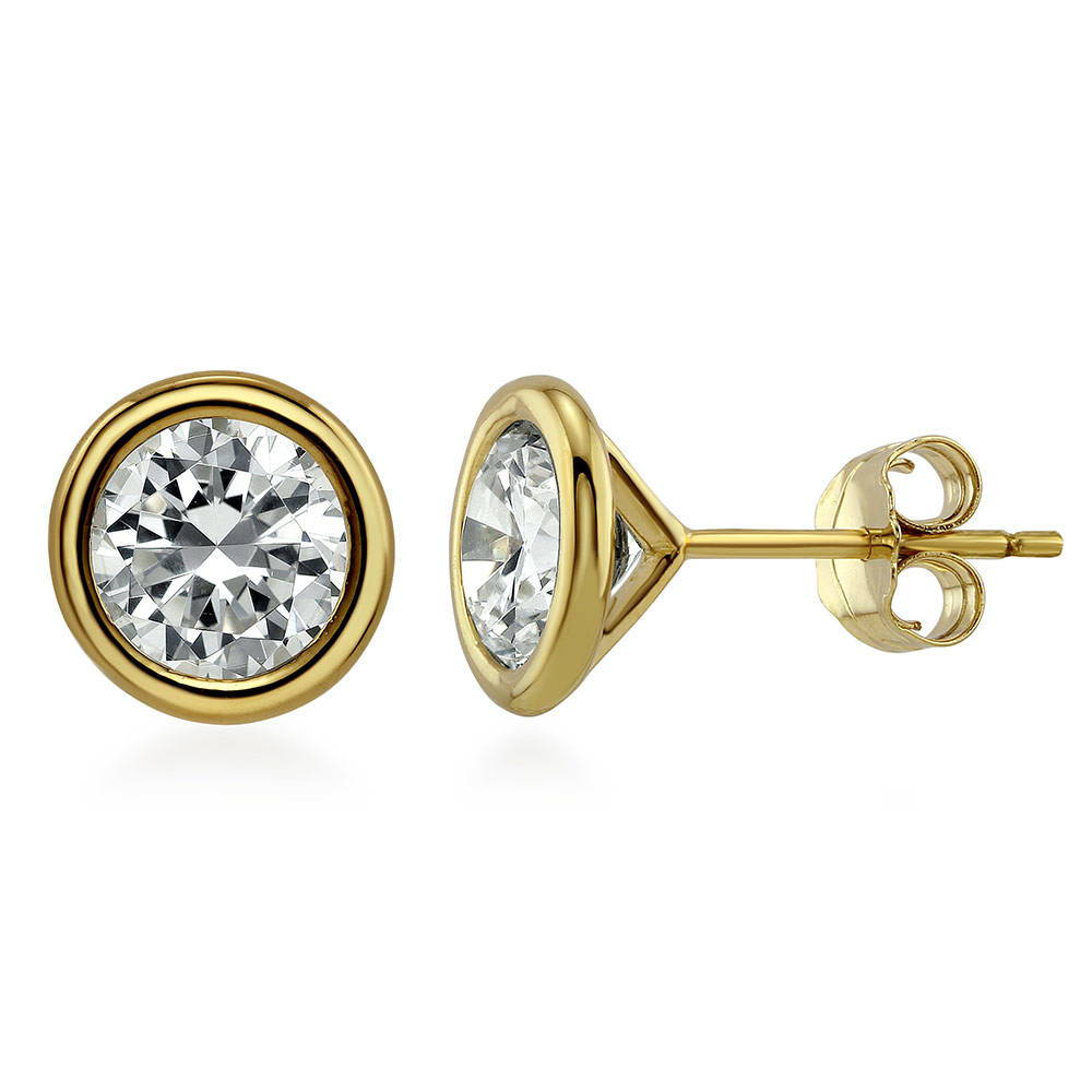 Solitaire Bezel CZ Stud Earrings in Gold Flashed Sterling Silver