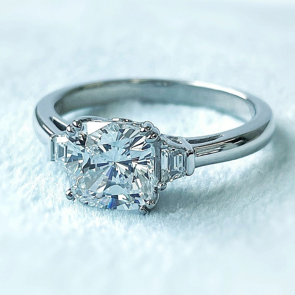 Flatlay view of 3-Stone 2ct Cushion CZ Ring in Sterling Silver, 9 of 9
