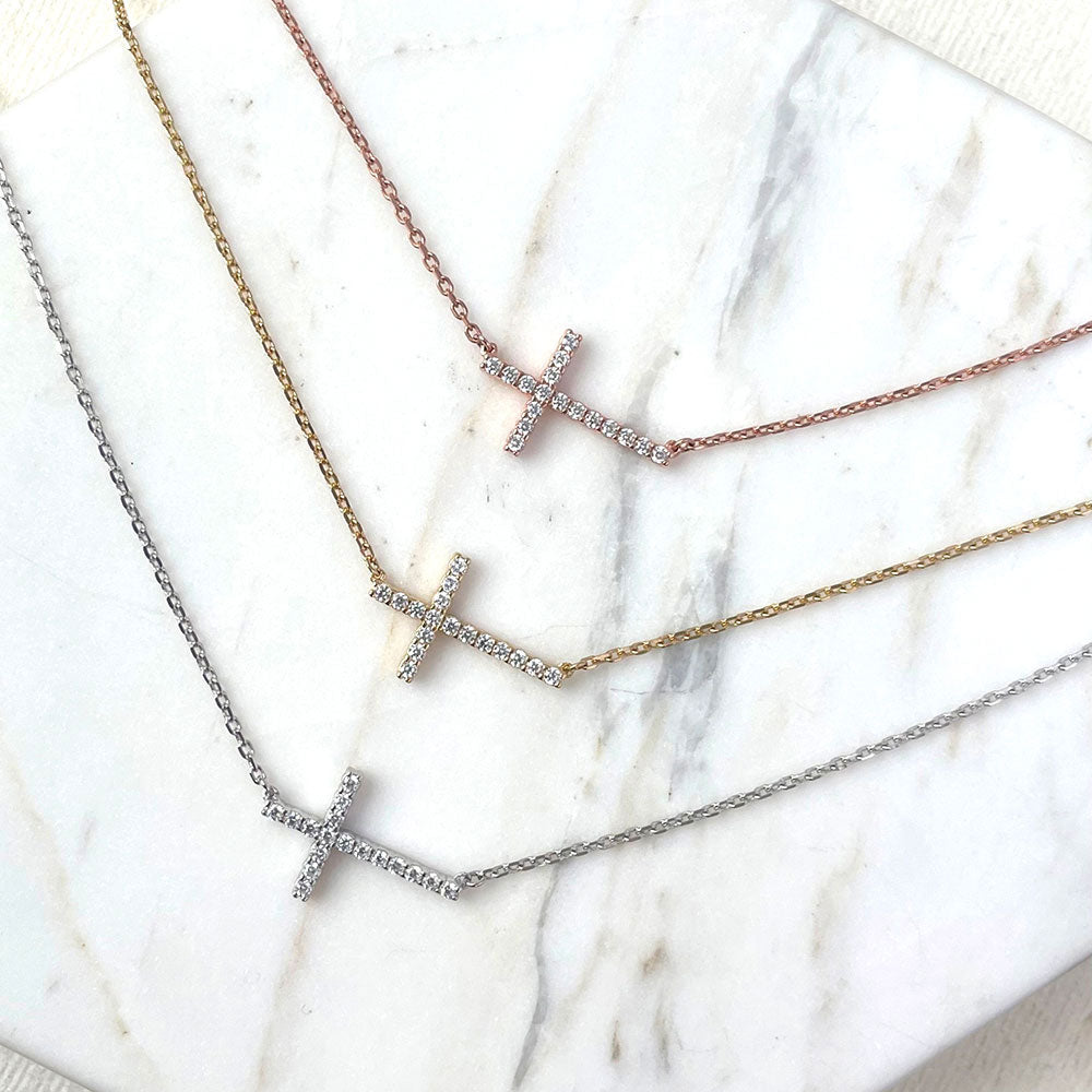 Sideways Cross Necklace – Gilded Sapphire
