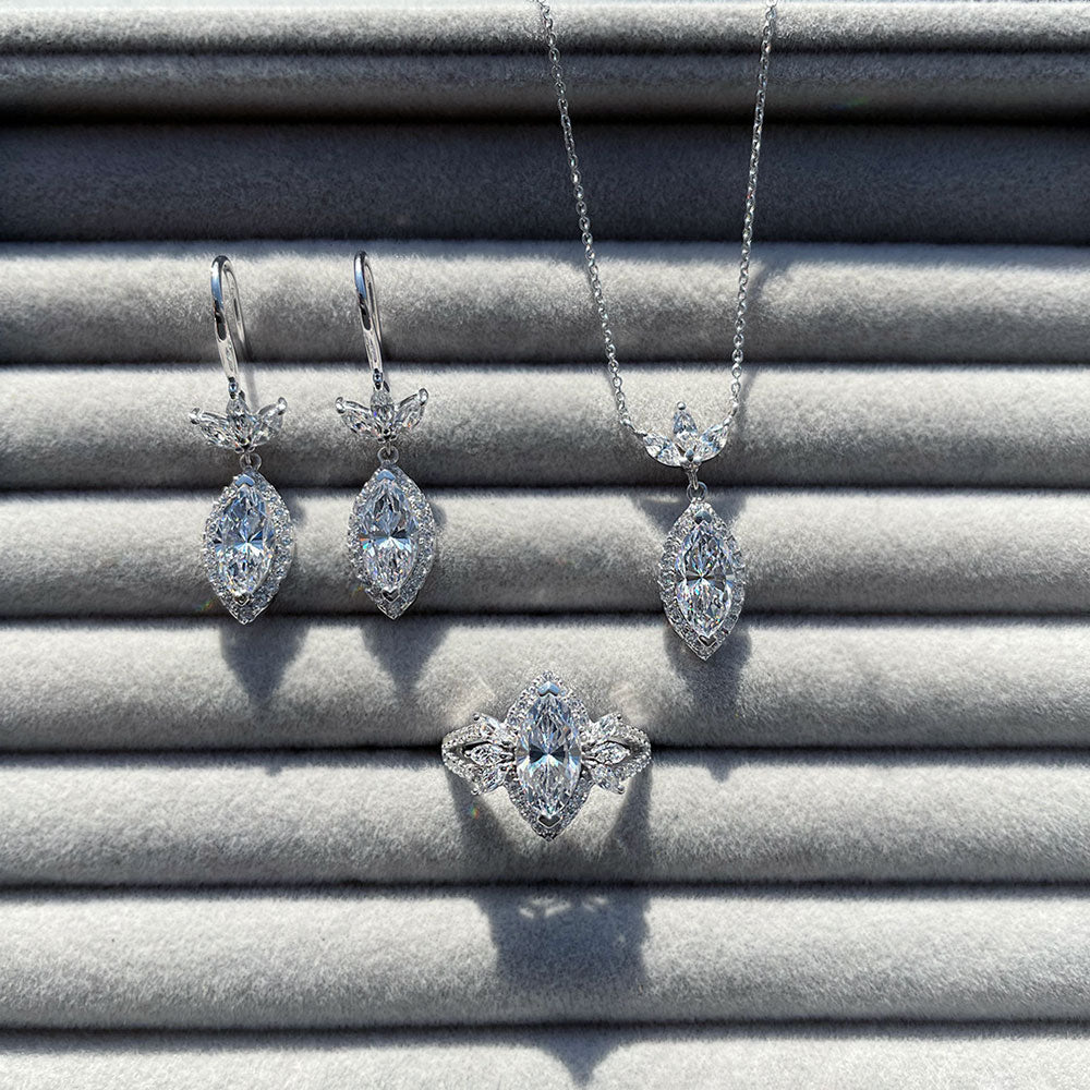 Image Contain: Halo Dangle Earrings, Halo Pendant Necklace, Halo Split Shank Ring