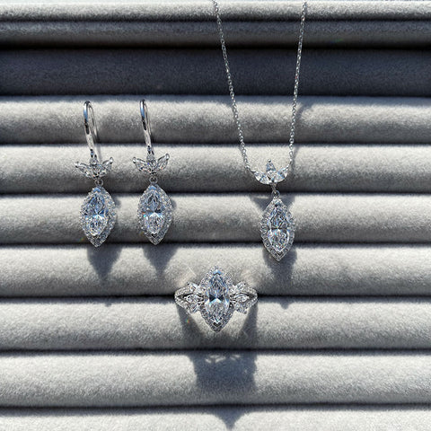 Image Contain: Halo Dangle Earrings, Halo Pendant Necklace, Halo Split Shank Ring