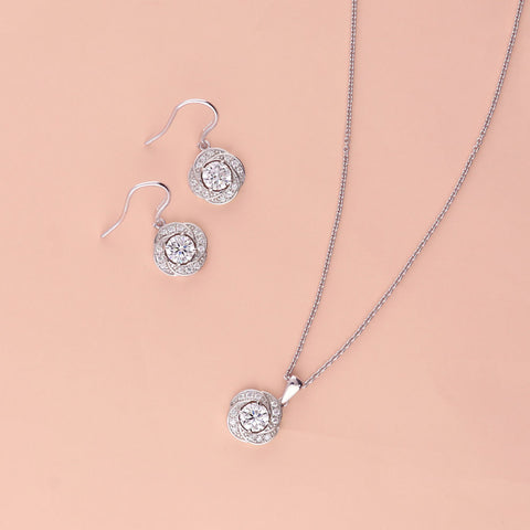 Image Contain: Flower Dangle Earrings, Flower Pendant Necklace