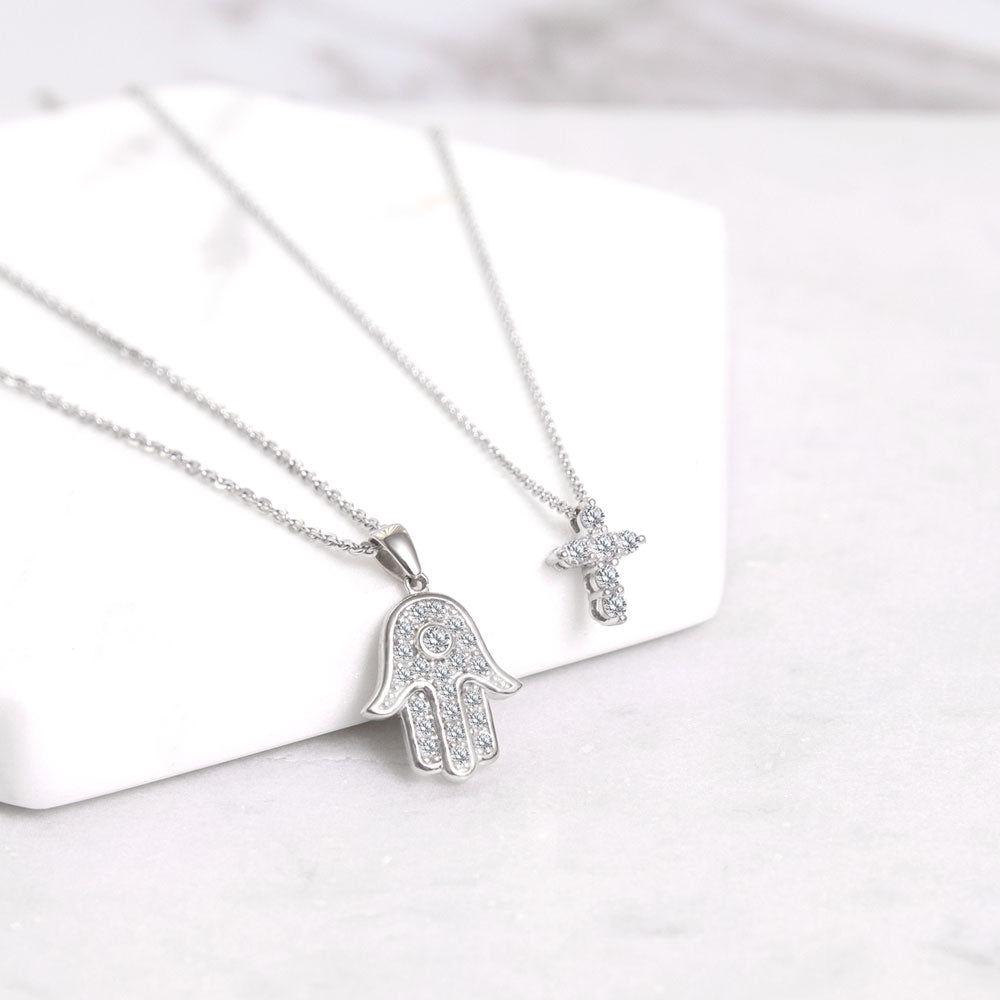 Cross CZ Pendant Necklace in Sterling Silver, 2 Piece