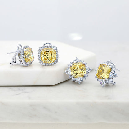 Halo Canary Yellow CZ Omega Back Stud Earrings in Sterling Silver