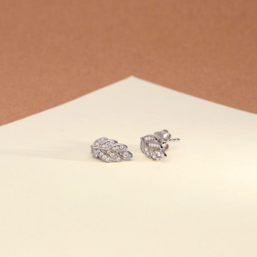 Flatlay view of Leaf CZ Stud Earrings in Sterling Silver, 5 of 5