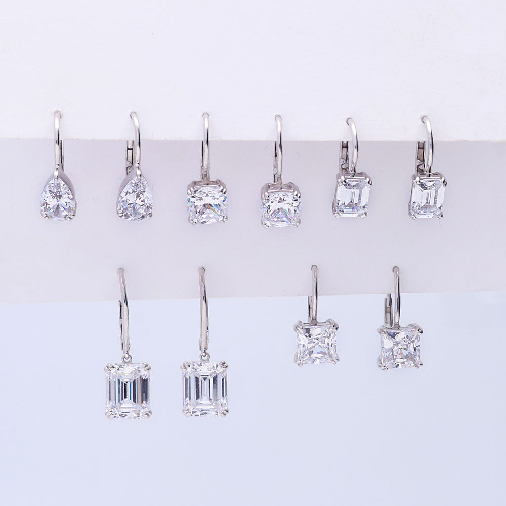 Solitaire 4ct Princess CZ Leverback Dangle Earrings in Sterling Silver