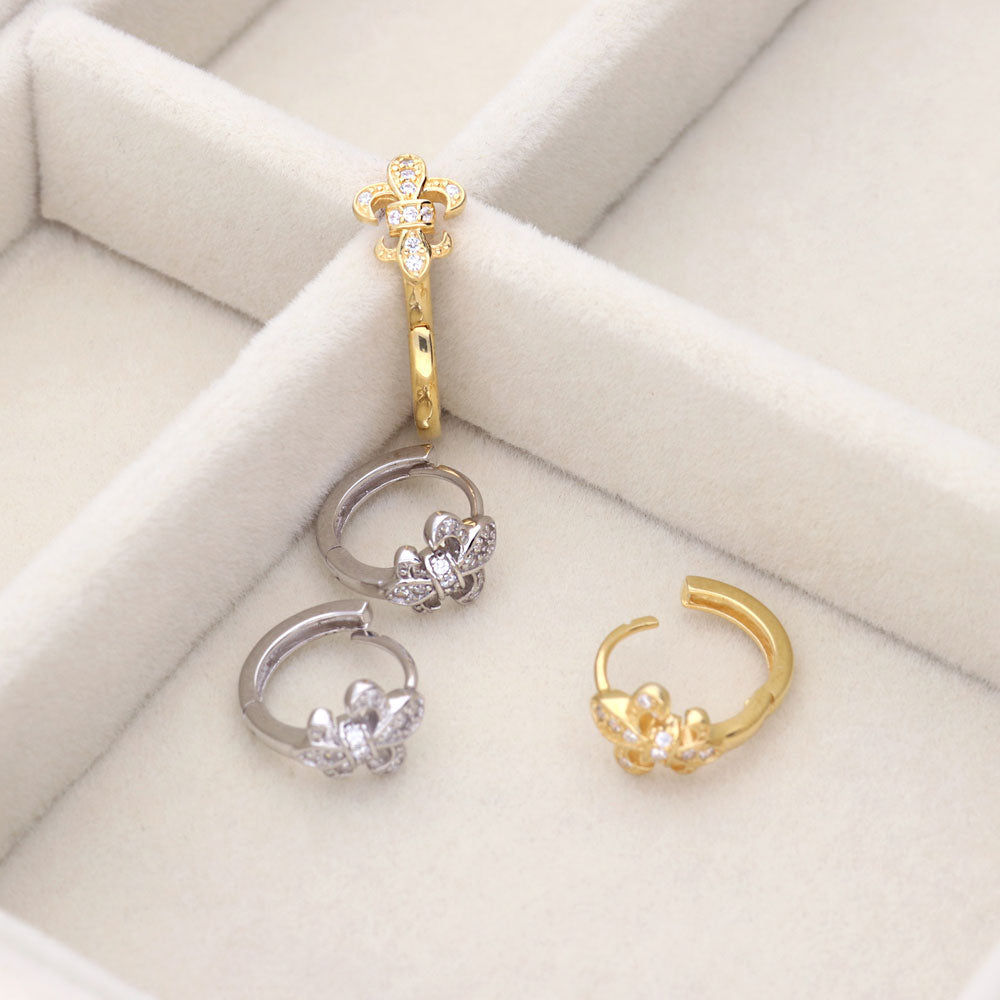 Fleur De Lis CZ Mini Huggie Earrings in Sterling Silver 0.5"