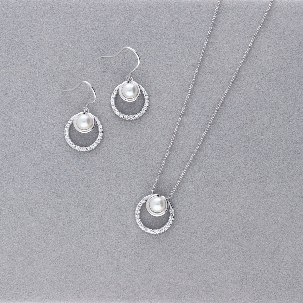 Round Open Circle Imitation Pearl Fish Hook Earrings in Sterling Silver