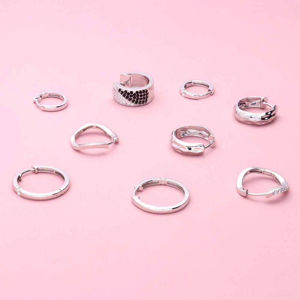 Image Contain: Black and White Huggie Earrings, Dome Hoop Earrings, Solitaire Hoop Earrings, Wave Hoop Earrings