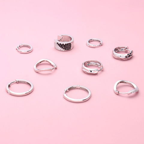 Image Contain: Black and White Huggie Earrings, Dome Hoop Earrings, Solitaire Hoop Earrings, Wave Hoop Earrings