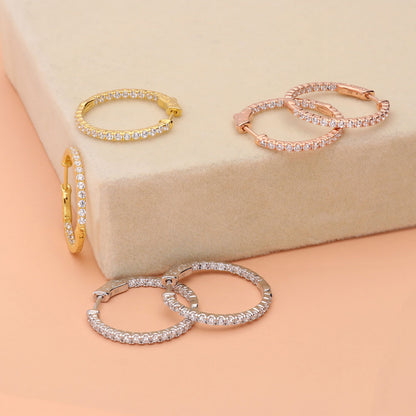 CZ Small Inside-Out Hoop Earrings in Sterling Silver 1", 2 Pairs