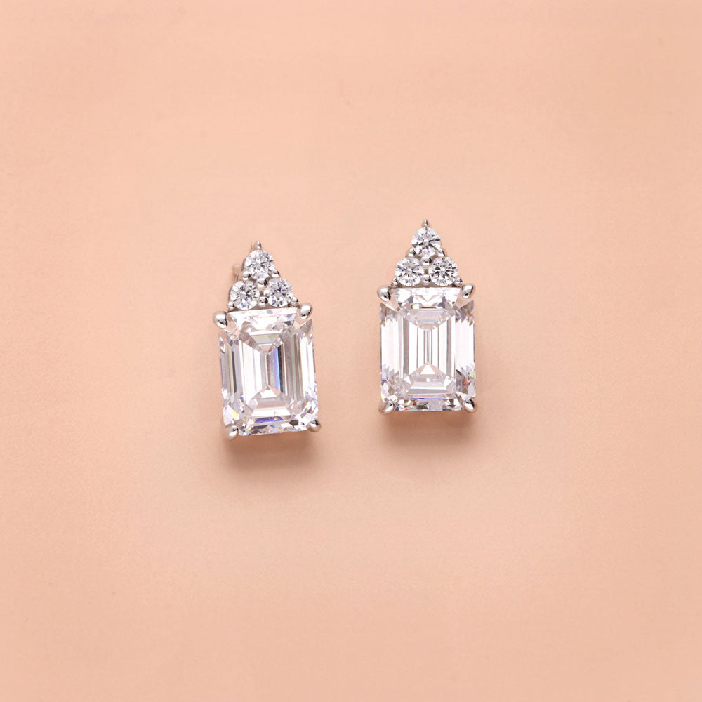 Solitaire 4.2ct Emerald Cut CZ Stud Earrings in Sterling Silver