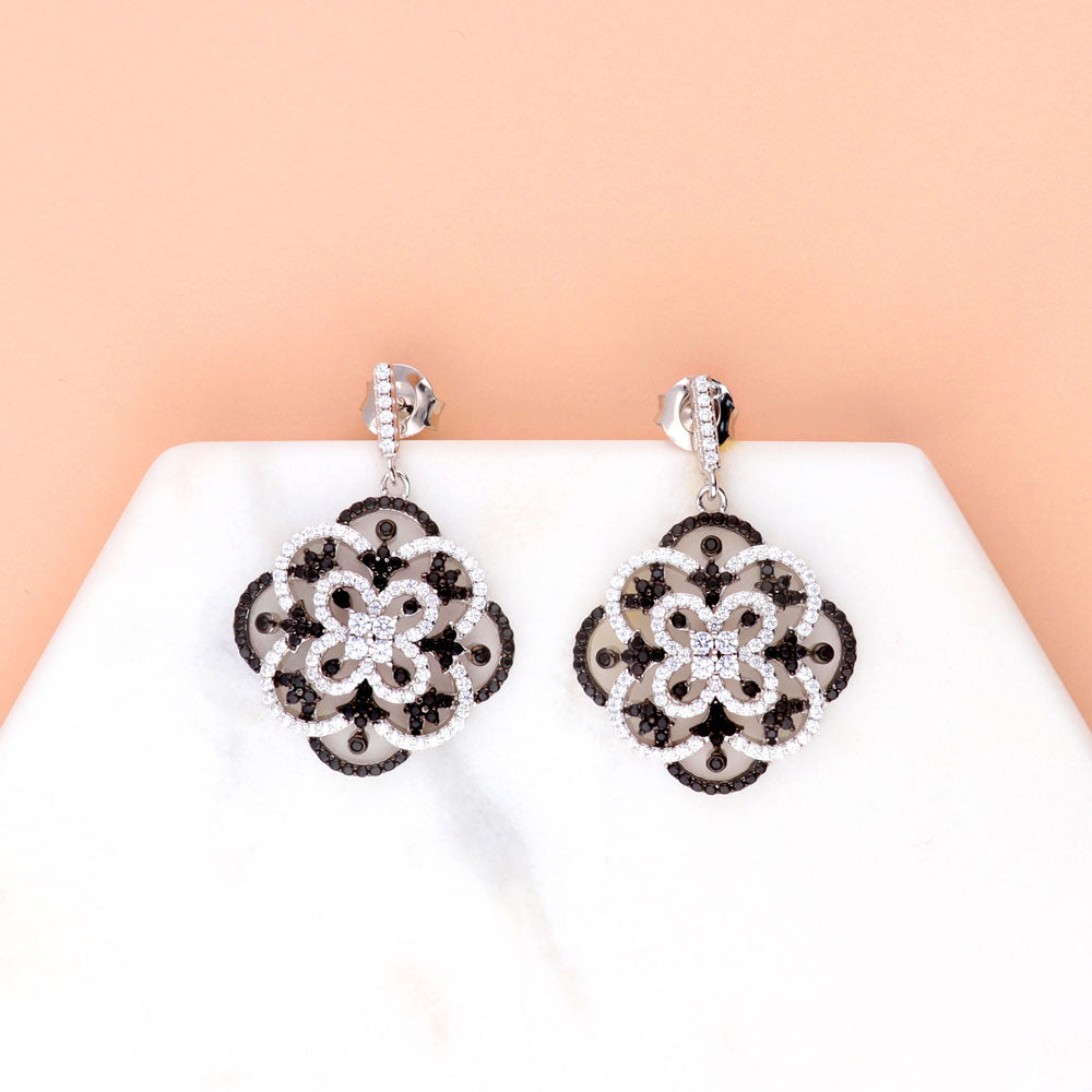 Flower Black and White CZ Statement Dangle Earrings in Sterling Silver