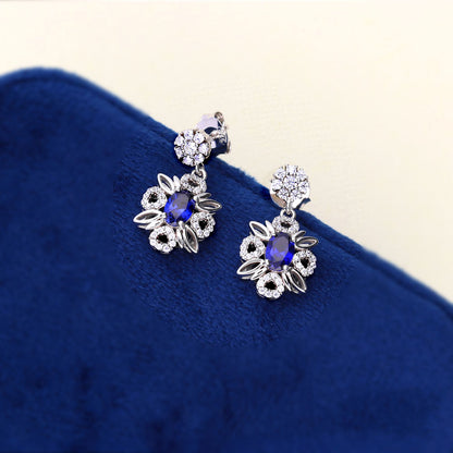 Flower Halo Sapphire-Blue CZ Earrings in Sterling Silver