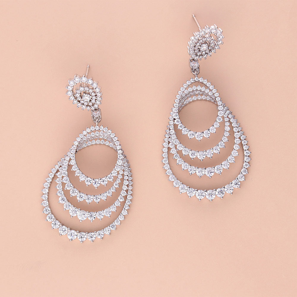 Open Circle Sawtooth CZ Statement Dangle Earrings in Sterling Silver
