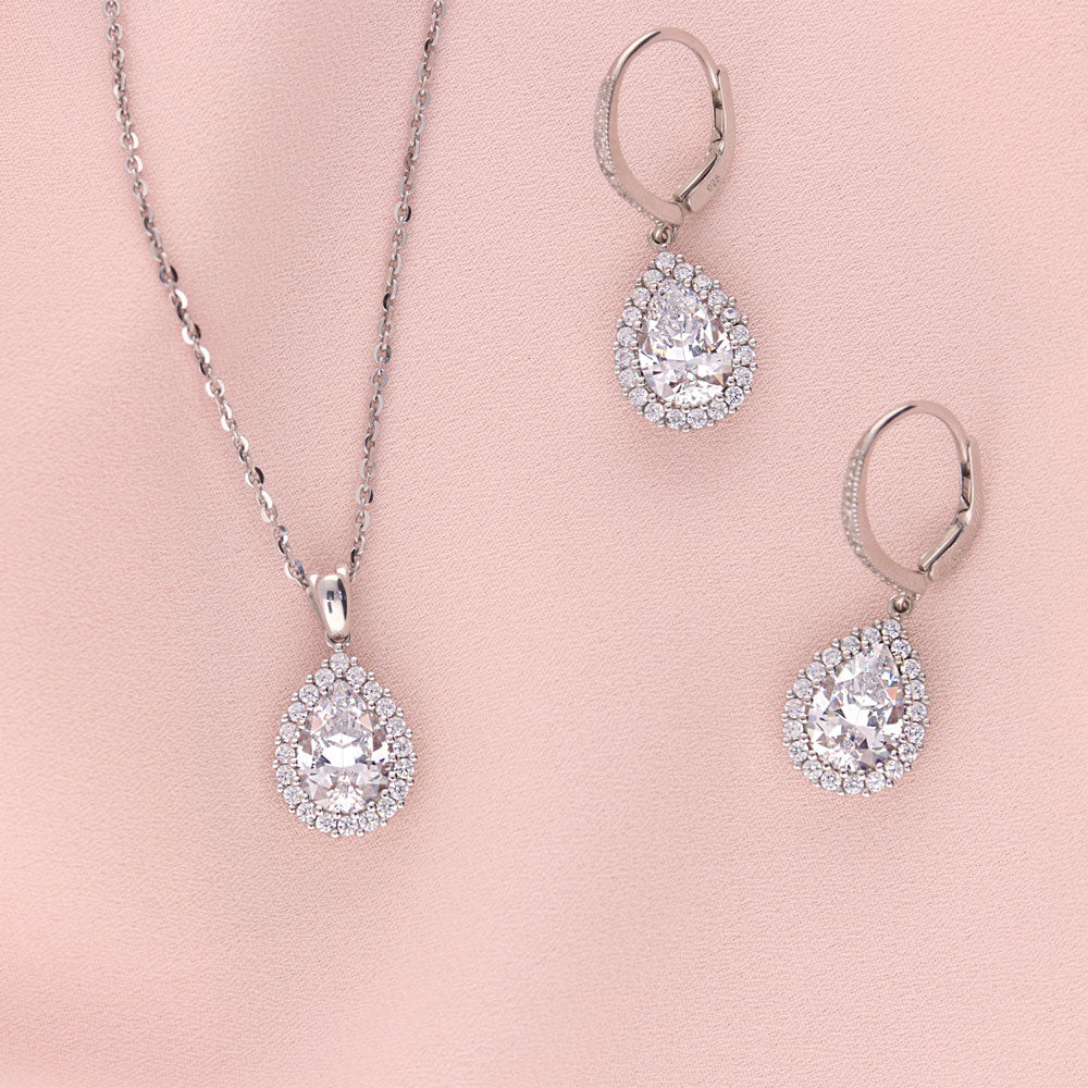 Halo Pear CZ Necklace and Earrings Set in Sterling Silver