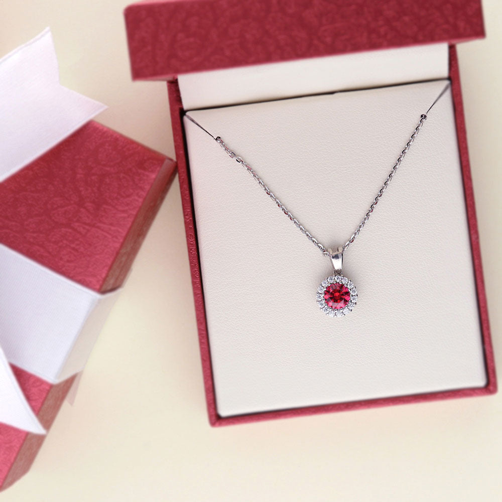 Flatlay view of Halo Kaleidoscope CZ Necklace in Sterling Silver, Red