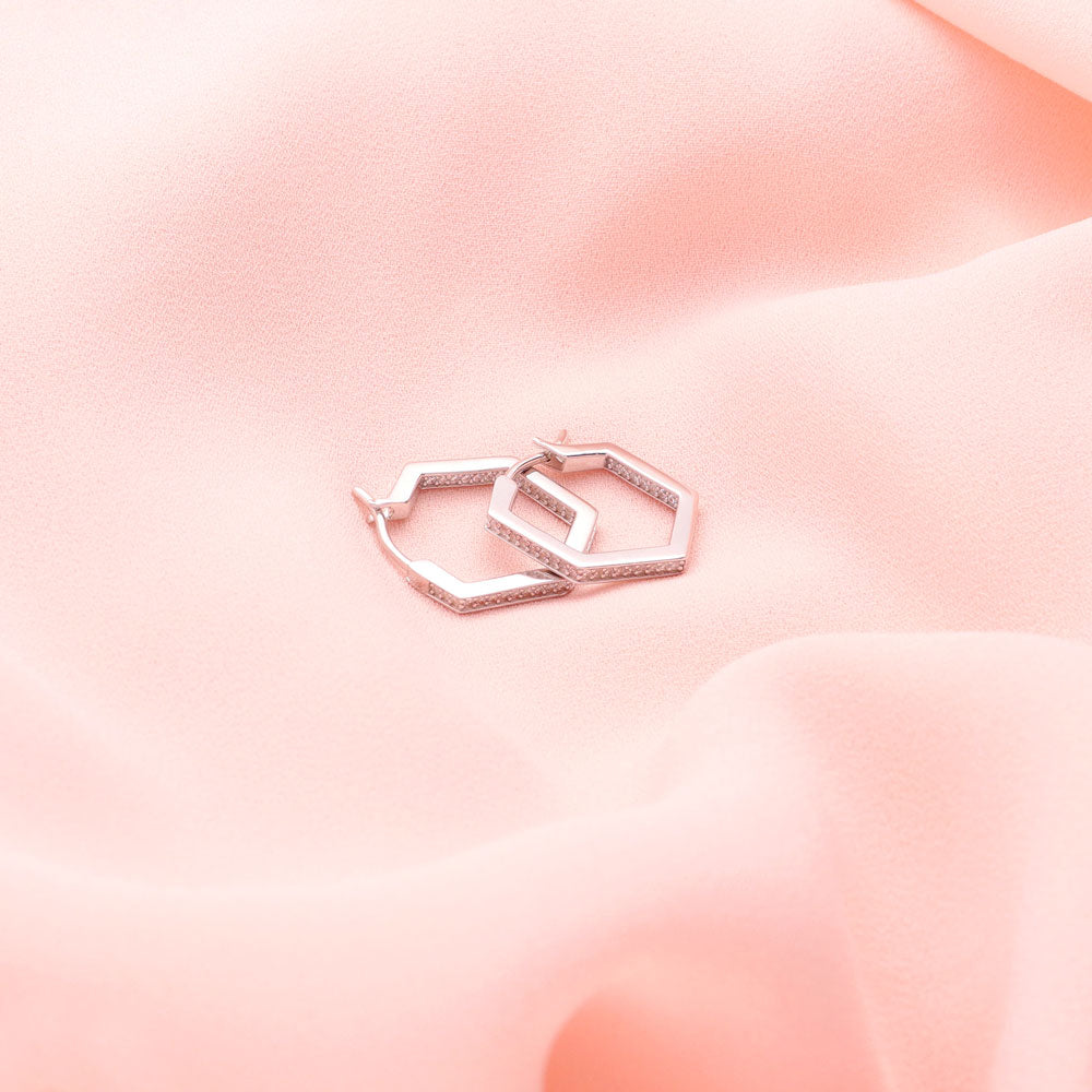 Flatlay view of Hexagon CZ Small Inside-Out Hoop Earrings in Sterling Silver 0.8 inch, Yellow Gold Flashed