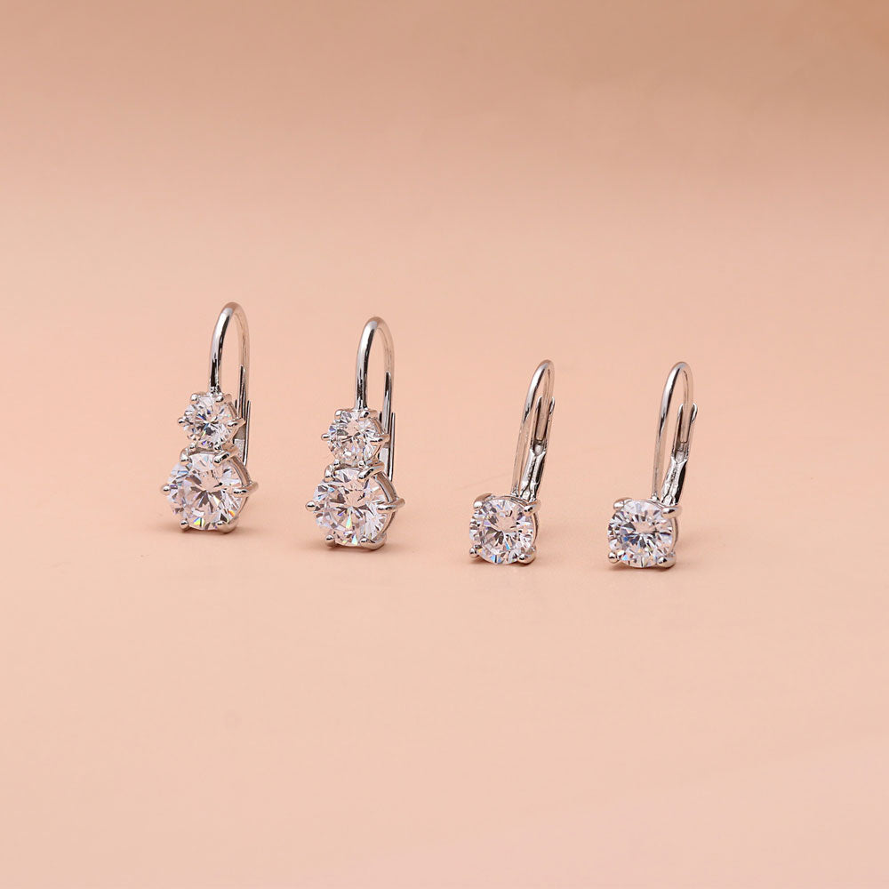 Flatlay view of CZ Leverback Earrings in Sterling Silver, Rhodium Plated