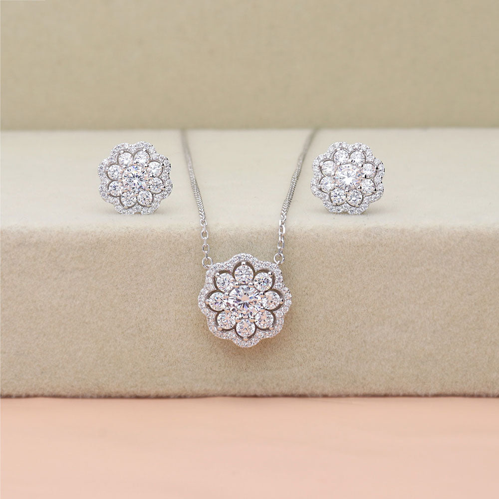 Flower Halo CZ Pendant Necklace in Sterling Silver