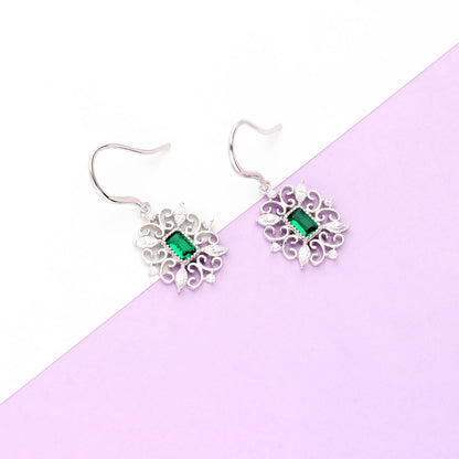 Art Deco Filigree Green CZ Fish Hook Earrings in Sterling Silver