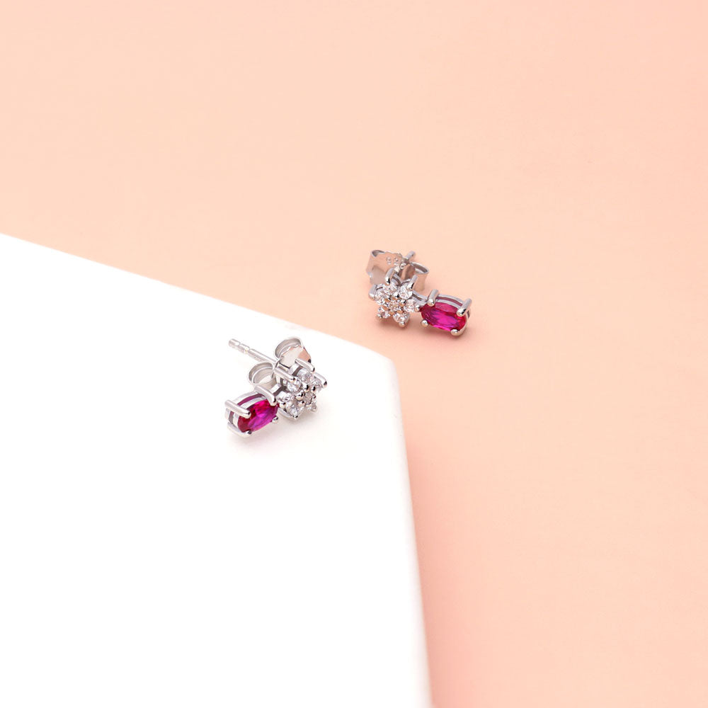Flower Simulated Ruby CZ Necklace and Earrings Set in Sterling Silver