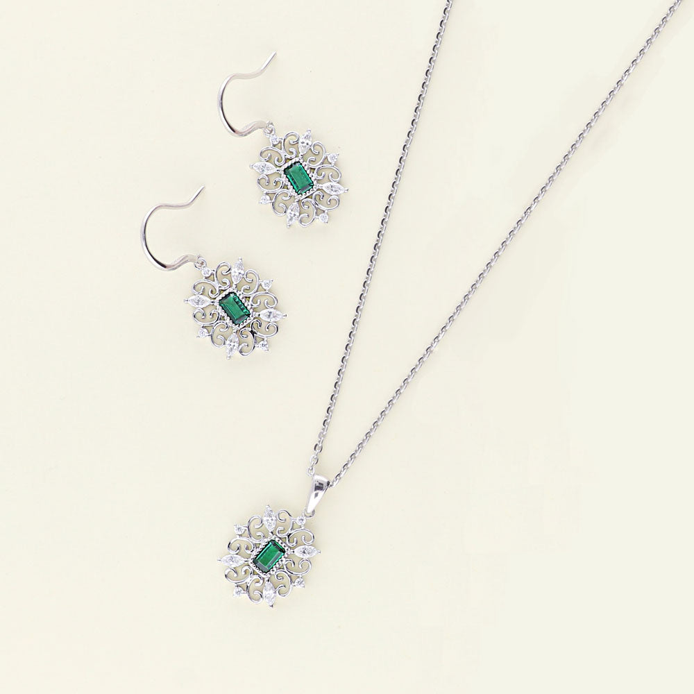 Flatlay view of Art Deco Filigree Green CZ Fish Hook Earrings in Sterling Silver, 6 of 7