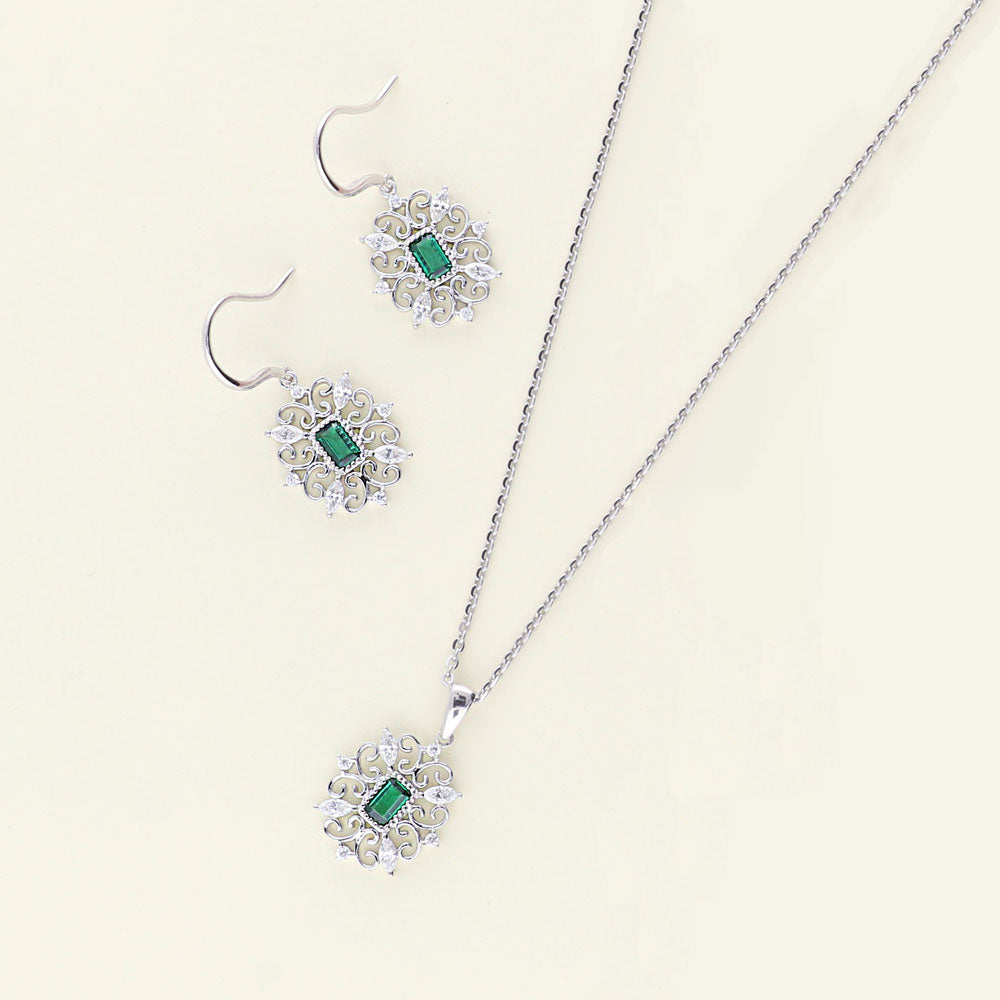 Art Deco Filigree Green CZ Necklace and Earrings Set in Sterling Silver