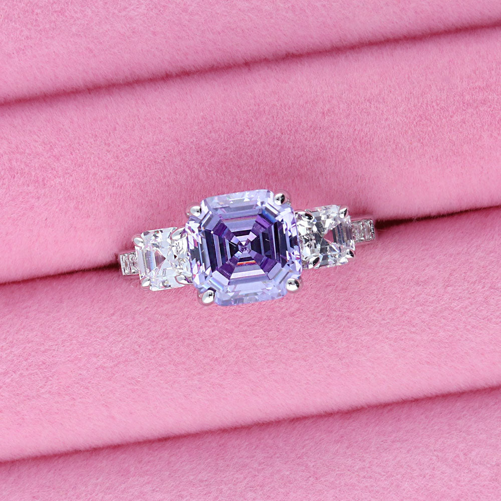 3-Stone Purple Asscher CZ Statement Ring in Sterling Silver